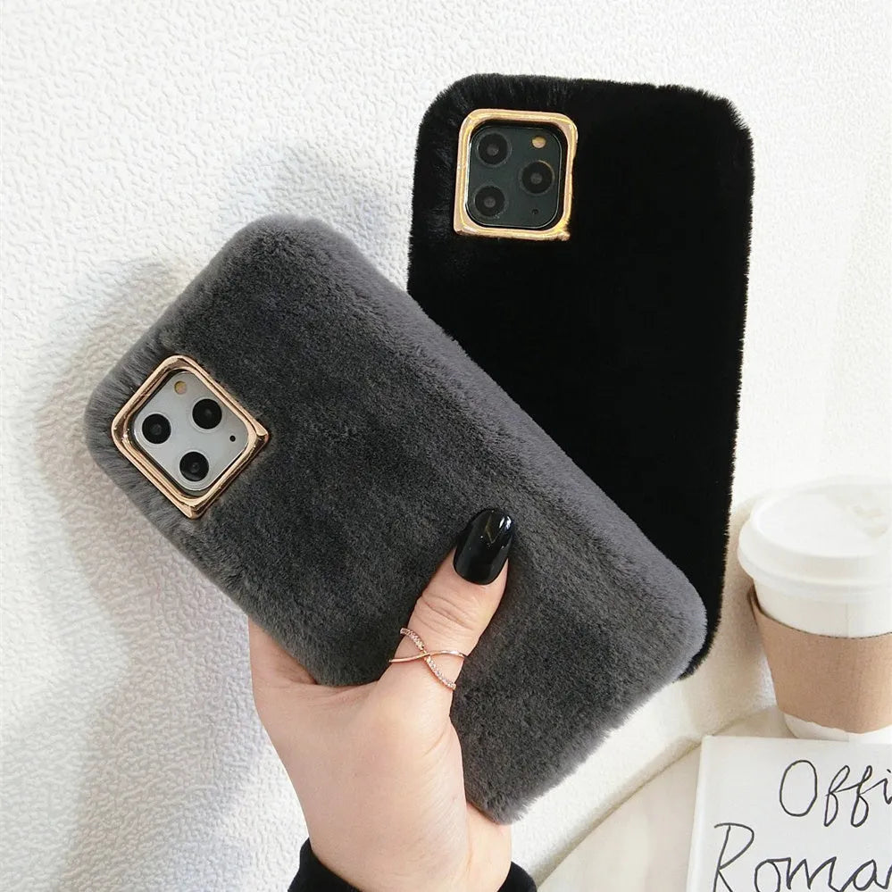 Soft rabbit plush phone case for iPhone with a removable silicone inner shell