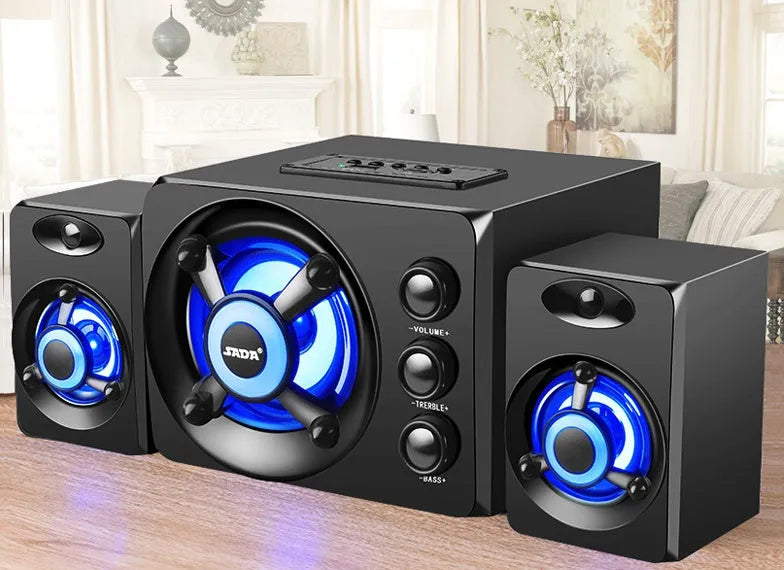 Desktop home speakers in black or white with 3.5mm audio cable, USB power, Bluetooth, USB and TF card playback.