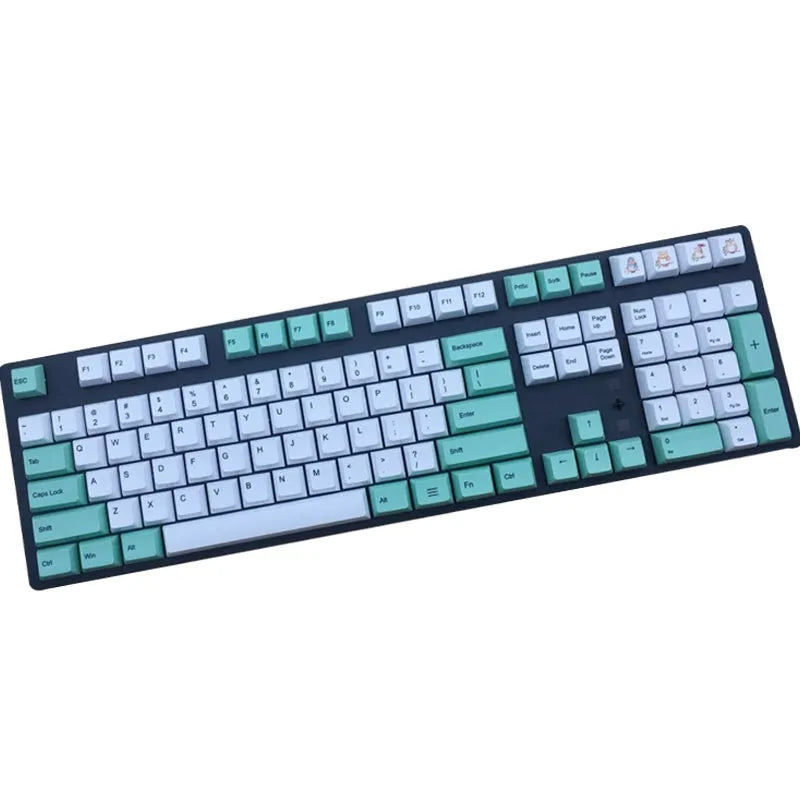 PBT sublimation keycap set showing Japanese, Russian, and Korean characters on mechanical keyboard keys