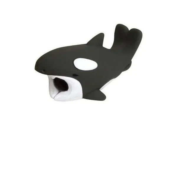 iPhone Lightning cable protector in an animal design, shown on the end of a charging cable.