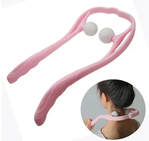 Blue plastic swan-shaped neck massager hand roller with 3D floating points on a white background.