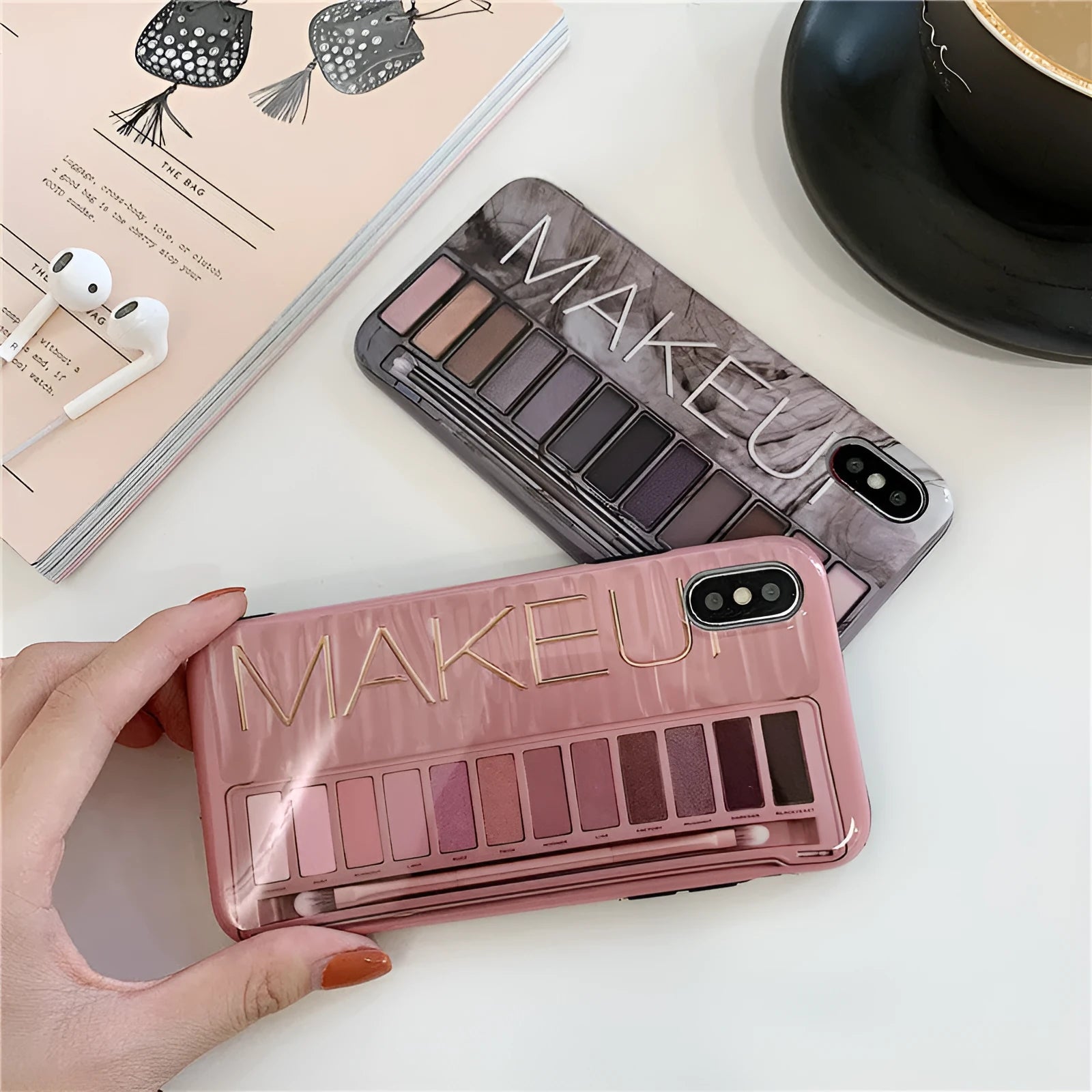 Flesh coloured silicone iPhone case with an eye shadow pattern design on the back.
