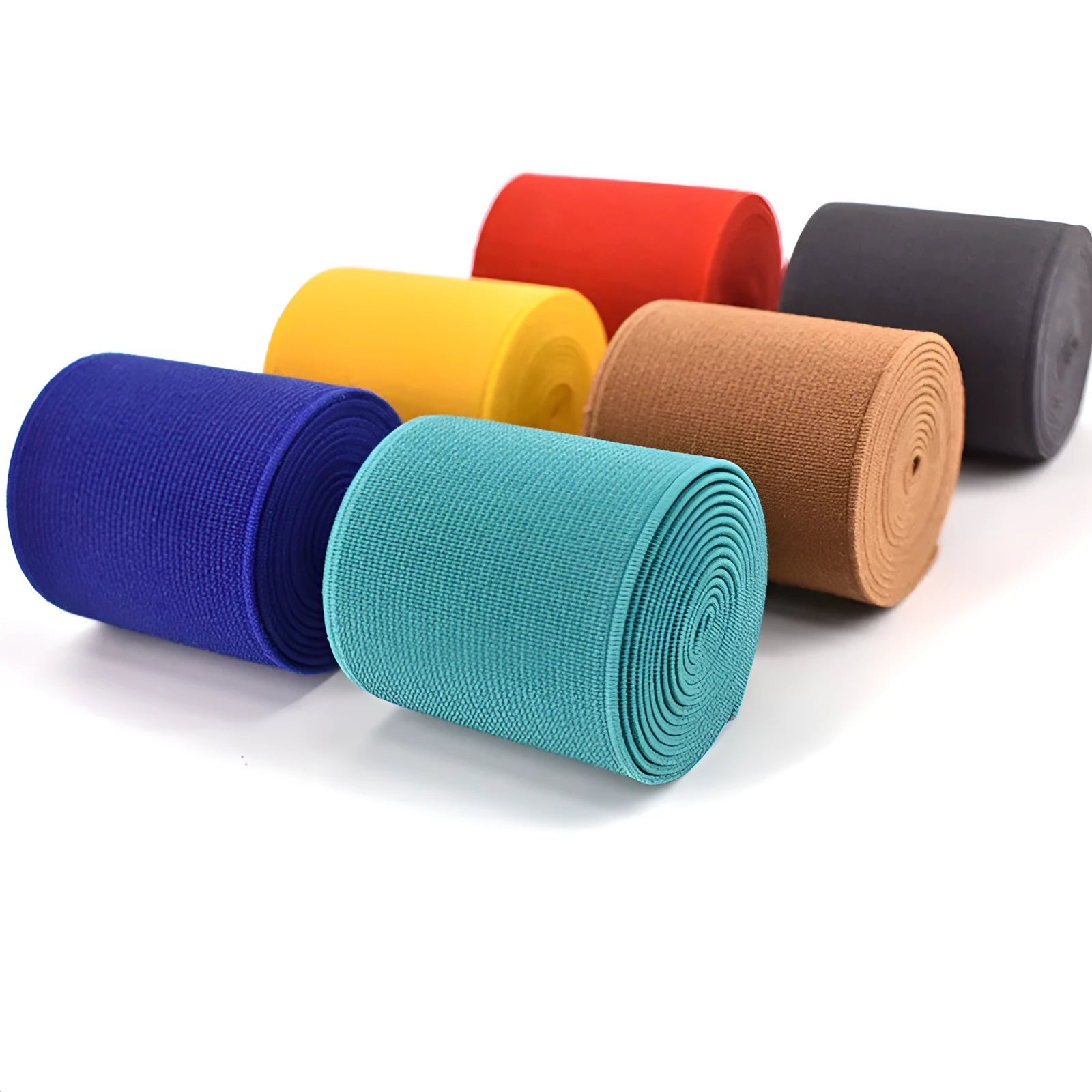 5cm wide rubber elastic band in multiple colours showing 1.5mm thickness for clothing and luggage use