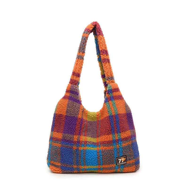 Women's plaid plush crossbody tote bag in orange, purple, or army green with shoulder strap