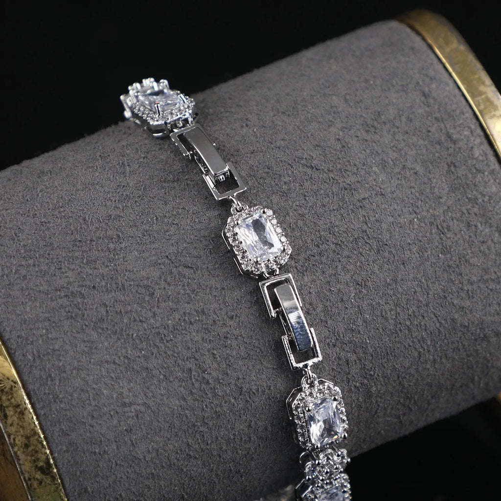 Copper and real white gold claw chain bracelet with full zircon stones, flower and geometric design, women's silver style