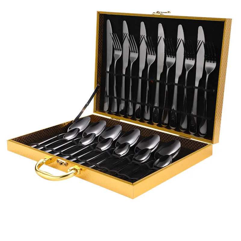 24-piece stainless steel cutlery set showing table knives, forks, and spoons in a gold colour option.