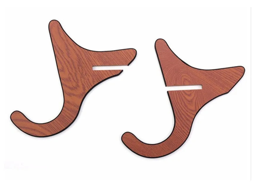 Wooden folding ukulele stand with EVA anti-slip foam holding a ukulele upright