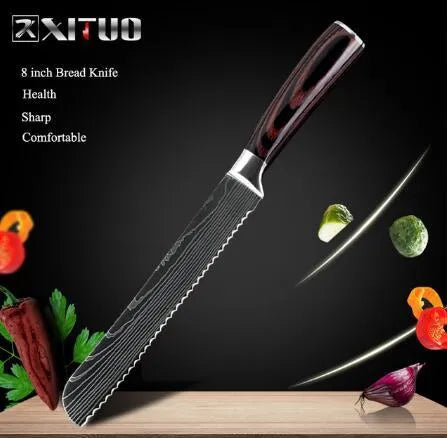 Carpenter's Special kitchen knife with laser Damascus pattern blade and coloured wood handle