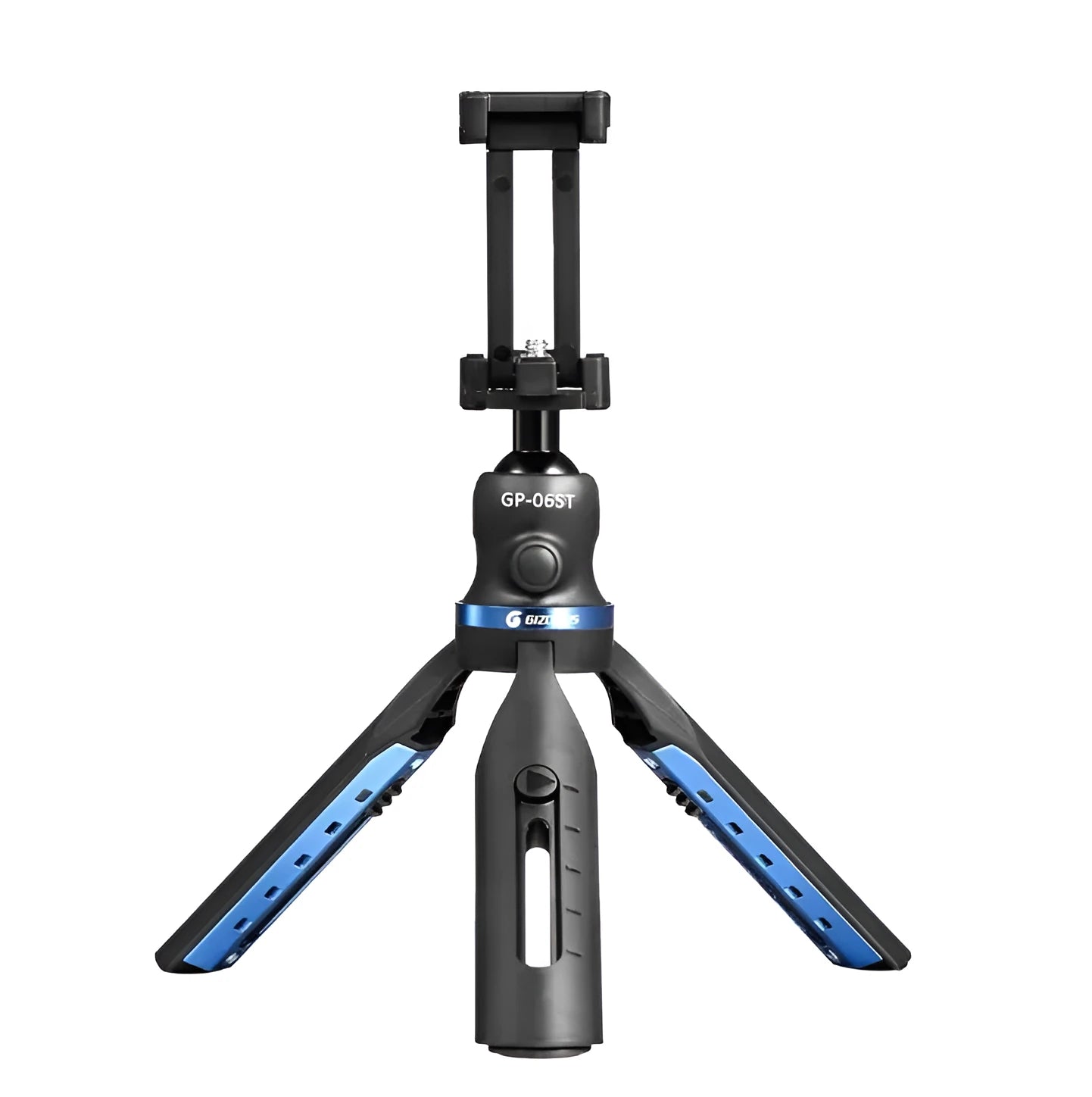 Black plastic and aluminium desktop tripod stand holding a mobile phone.