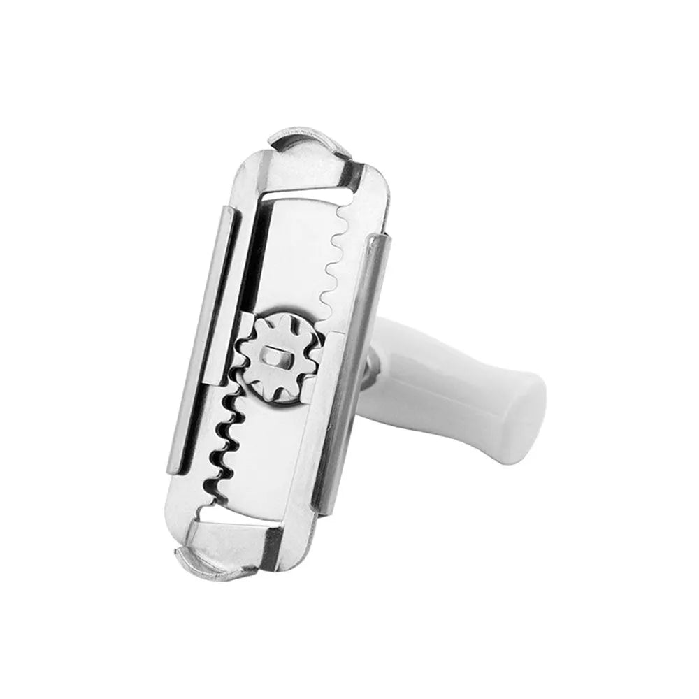 White stainless steel adjustable bottle opener with ABS plastic handle showing gear mechanism