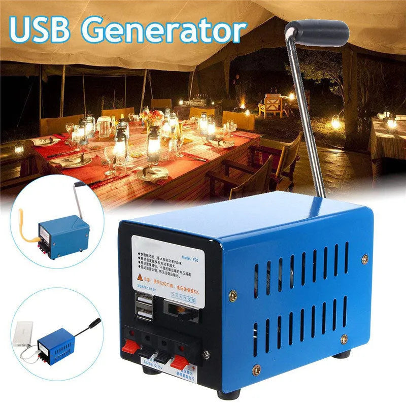 Blue metal hand crank emergency USB generator with compact 125x80x85mm dimensions