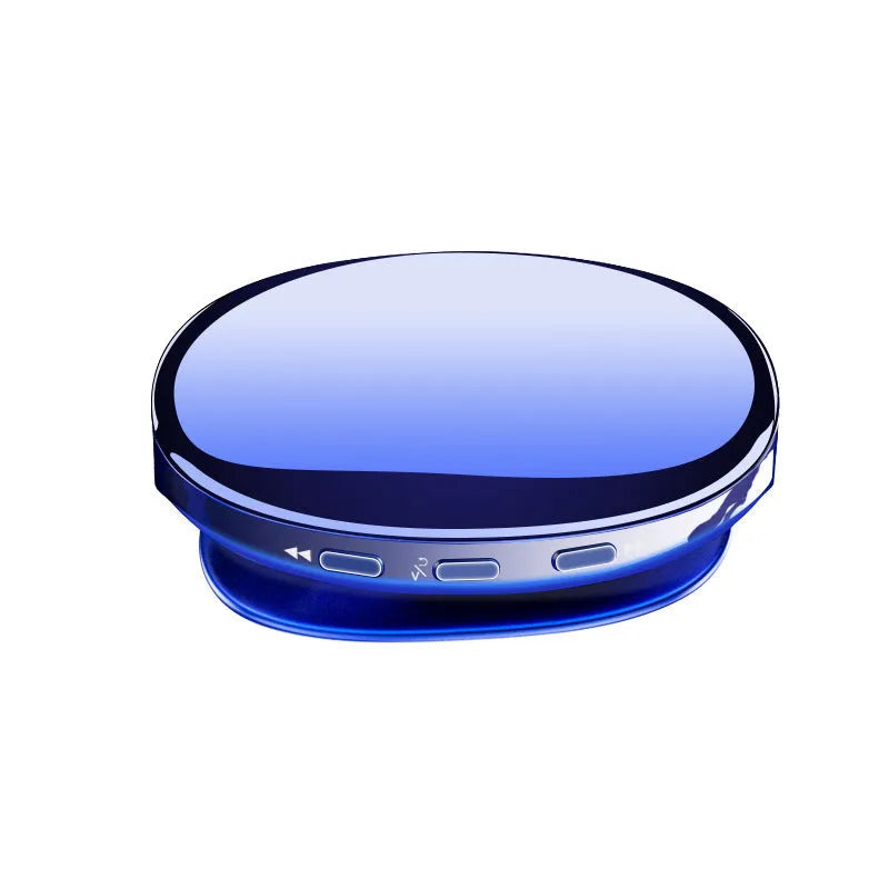 A compact blue Bluetooth MP4 music player with an OLED screen displaying a track list.