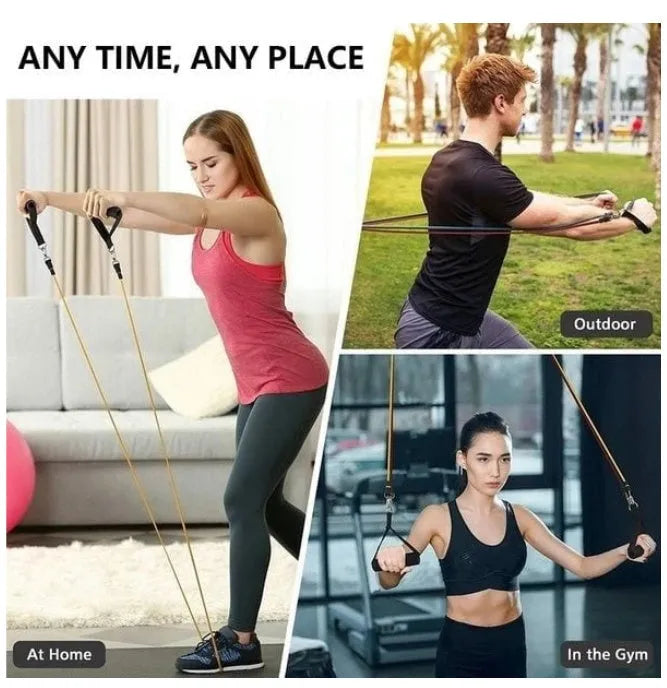Resistance band set with latex tubes, handles, foot rings, door buckle, storage bag, and fitness atlas in colour-coded resistance levels