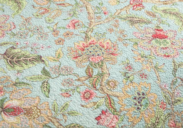Blue 230 x 250 cm 100% cotton quilted bedspread with plants and flowers
