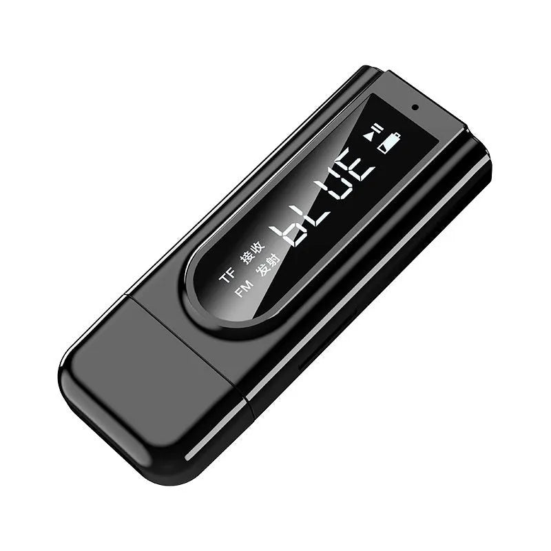 Black USB car Bluetooth receiver with AUX output port for wireless music streaming to car stereo.