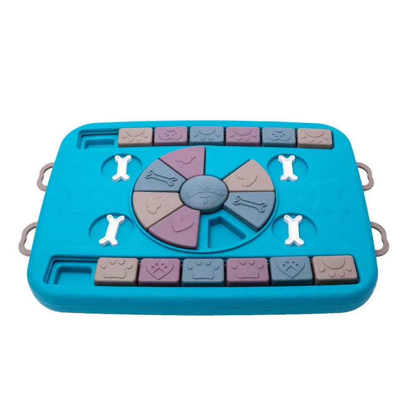 Blue interactive dog puzzle toy with four lockable handles, sliding panel and anti-skid base