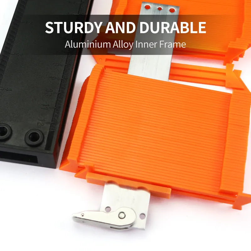 5 and 10 inch orange plastic contour gauge with teeth for copying shapes, on a tile surface