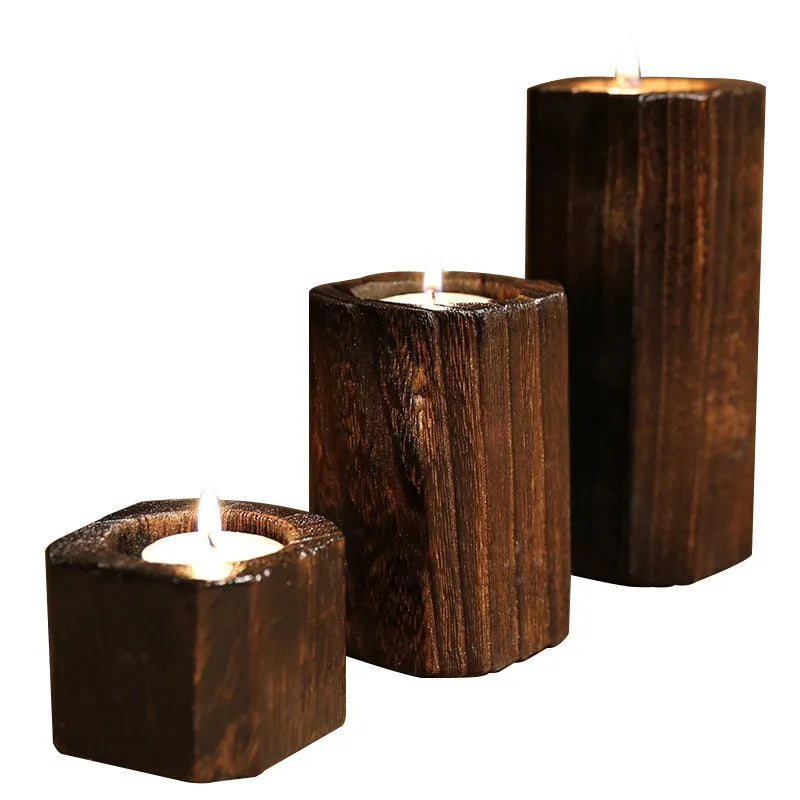 Set of three solid wood candle holders in natural paulownia with charcoal finish, small 5cm, medium 10cm, large 15cm, square top 6x6cm