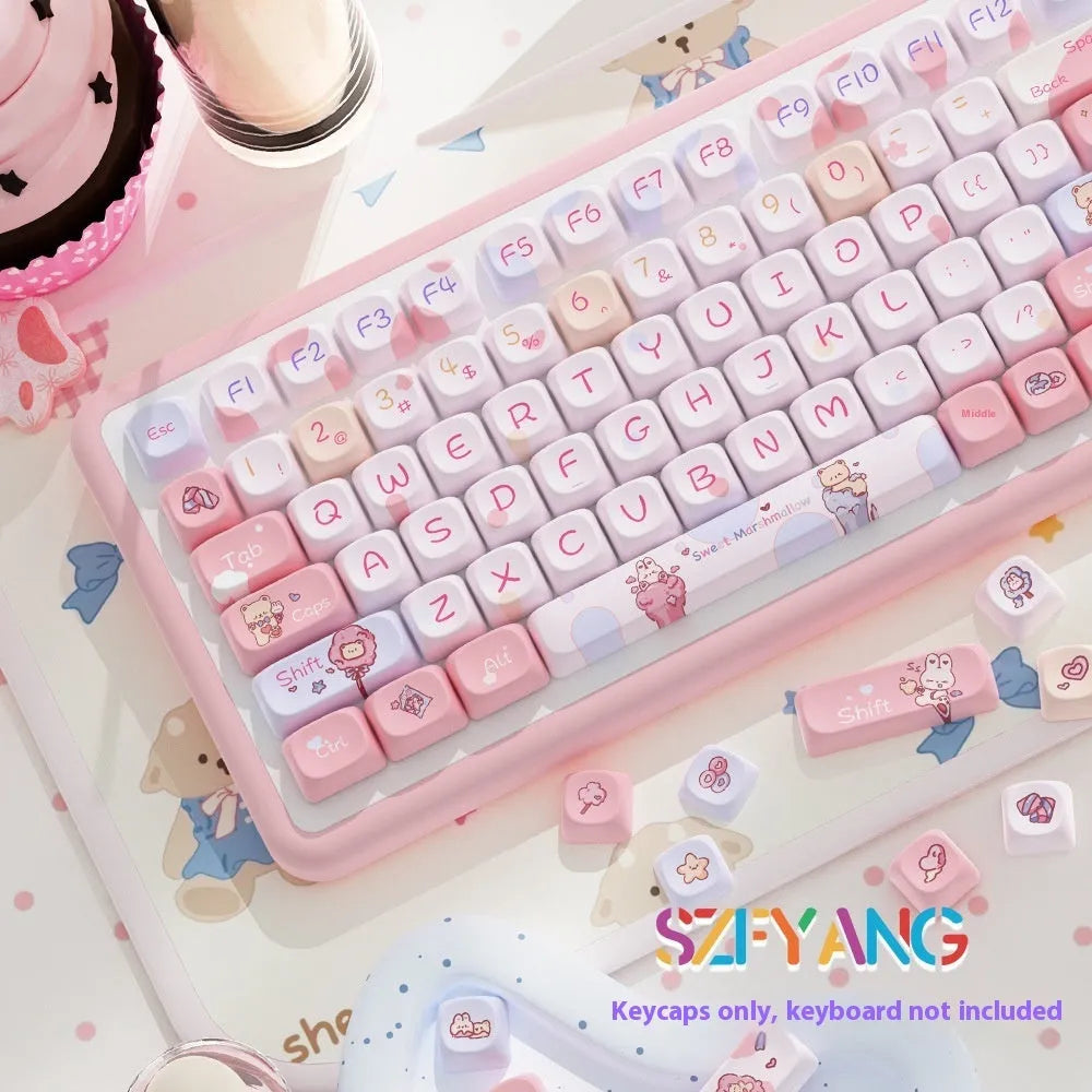 Sweet Cotton Candy coloured PBT keycap set for mechanical keyboards, showing 112-key and 120-key box options.