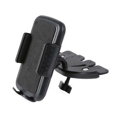 Black universal car phone holder installed in a CD port with adjustable arms for mobile phone or GPS navigation