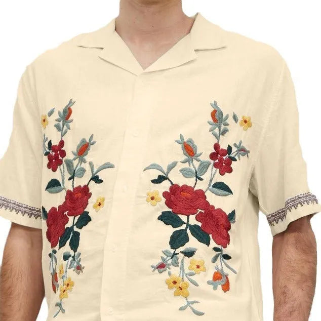 Men's vintage floral print shirt in apricot colour with short sleeves and lapel collar