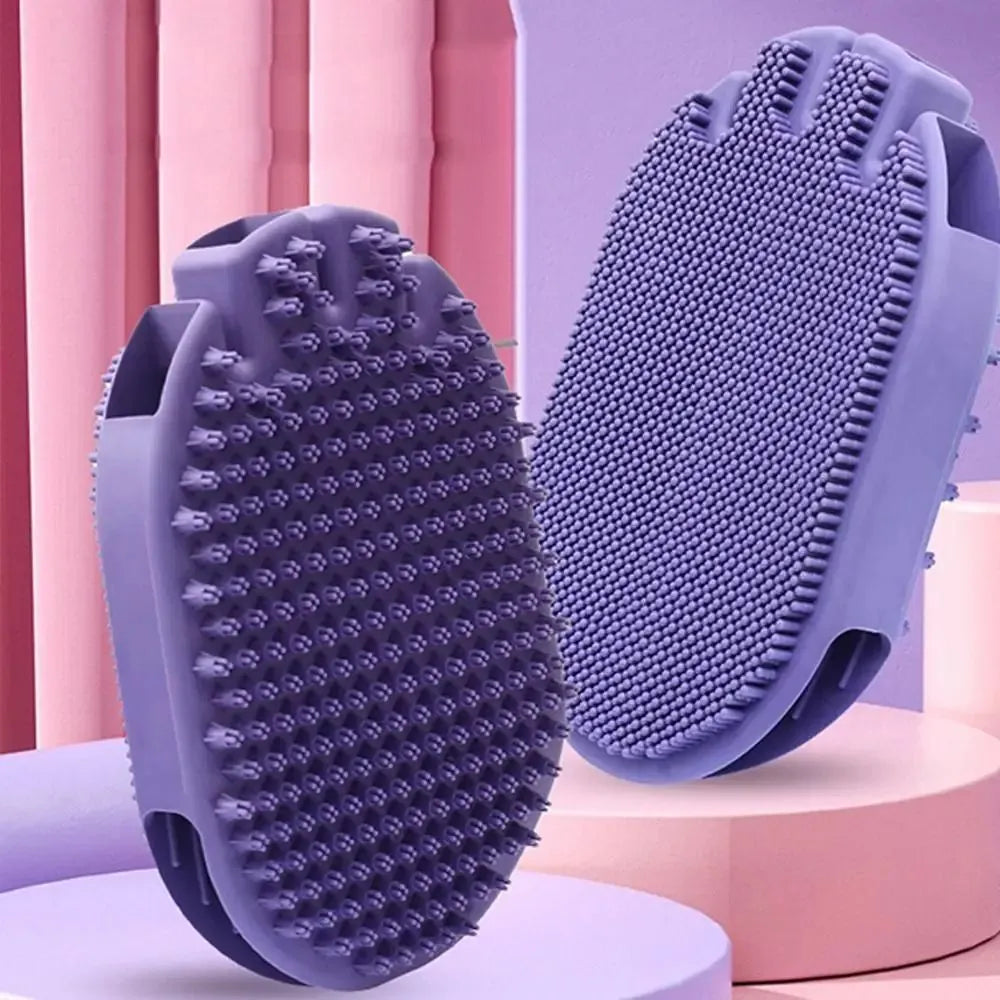 Purple TPR pet shampoo brush with ergonomic handle and soft bristles for dog and cat grooming