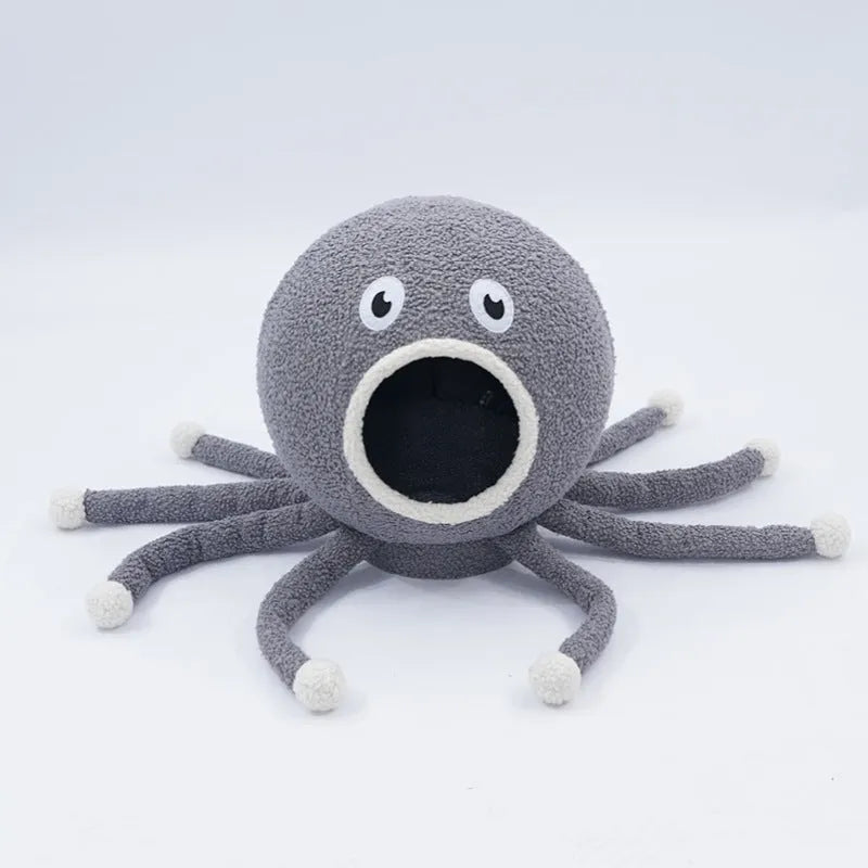 Plush octopus‑shaped cat nest in octopus colour, 40x40x42 cm, with raised eyes and soft cloth surface.