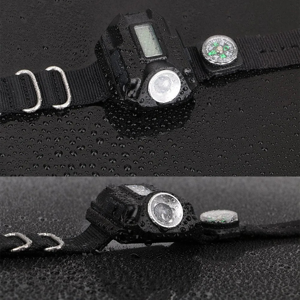 Black LED wrist watch flashlight with compass and time display, USB rechargeable, 4 mode, 100g, 22 x 2.4cm wristband