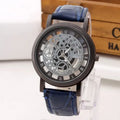 Fashion hollow belt quartz watch for men and women with leather strap, round 40mm dial, glass window, black