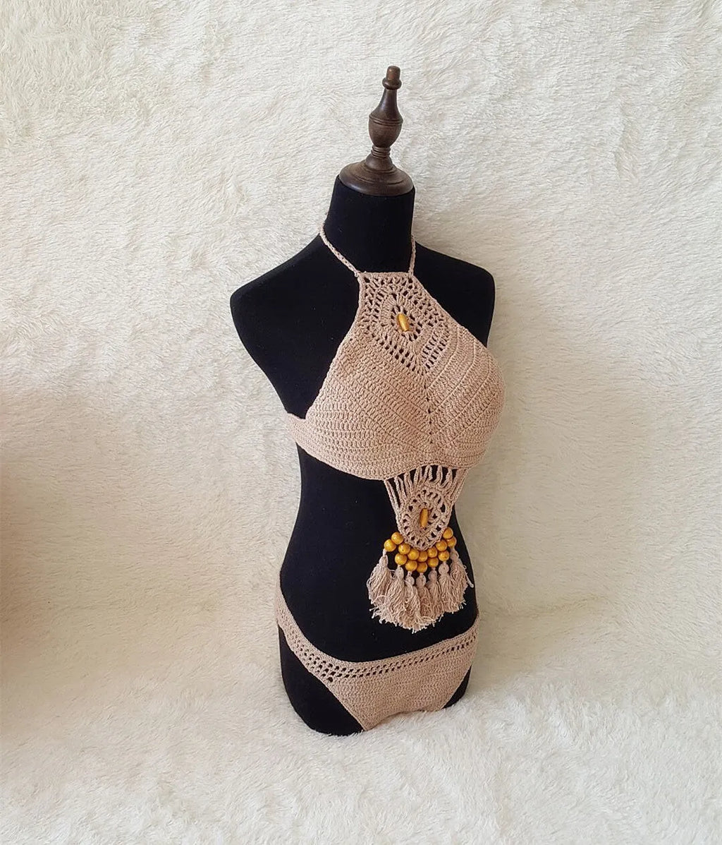Women's crochet tassel bikini set in black, khaki, or white, sizes S M L, two-piece swimsuit for beach and pool