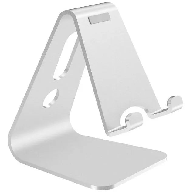 Aluminium alloy foldable phone and tablet holder in silver colour on a wooden table