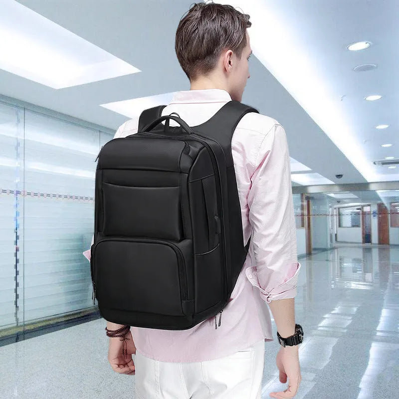 Black multifunctional nylon backpack with polyester lining for business, travel, school, and leisure use