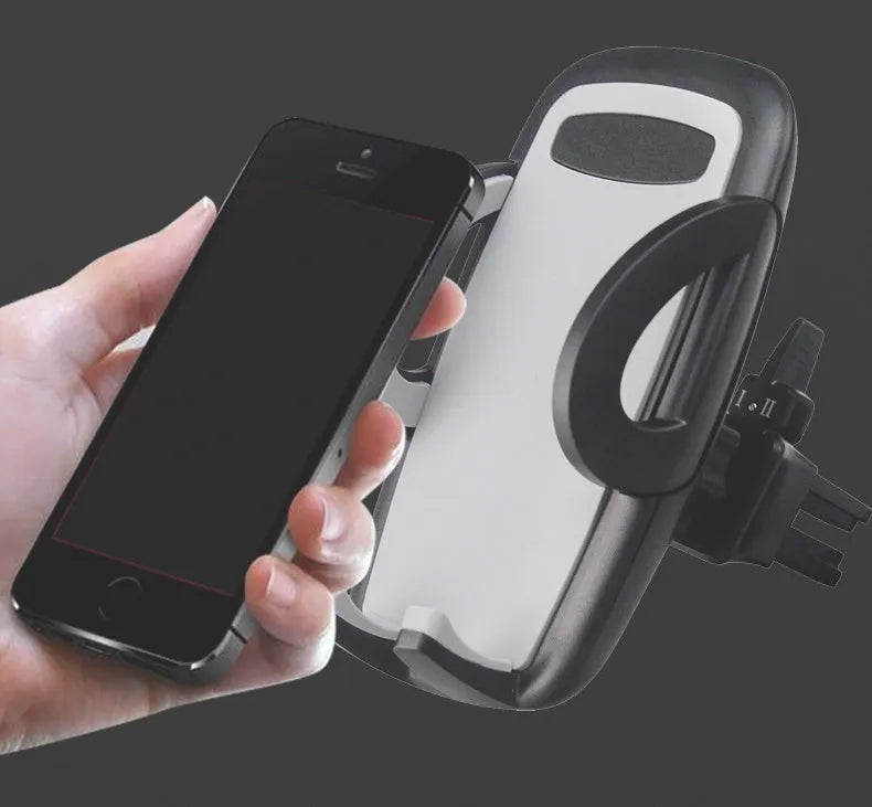 Black universal car mobile phone holder mounted on air conditioning vent