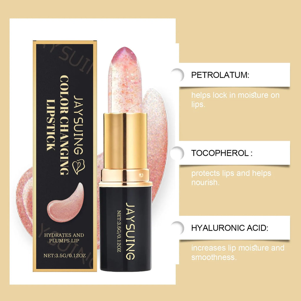 Moisturising colour changing lipstick stick, 3.5g, with hyaluronic acid and jojoba oil.