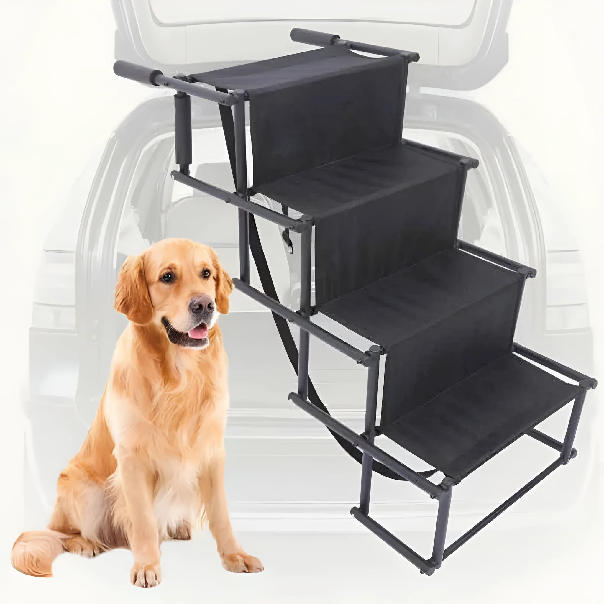 Folding stainless steel dog ladder ramp in navy blue, shown extended next to a car.