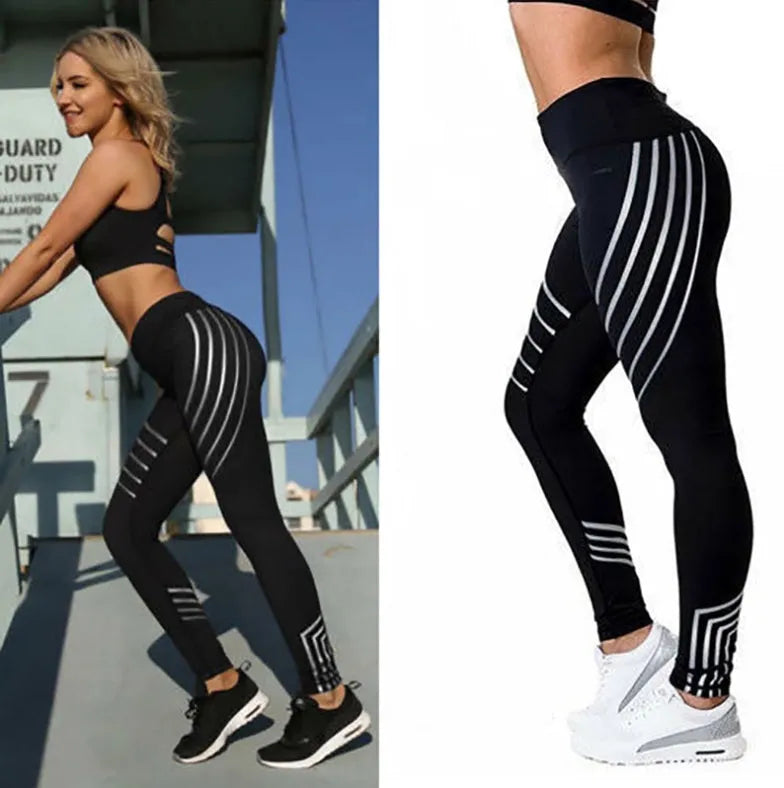 Women's black workout leggings with glowing white print pattern, showing slimming pencil pants fit.