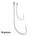 Assortment of stainless steel alloy fishhooks for sea fishing on a blue background.
