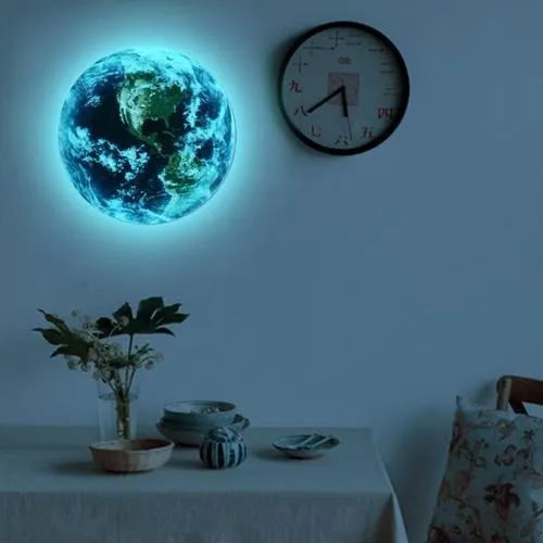 3D Earth wall sticker glowing in dark on bedroom wall, showing luminous planet detail