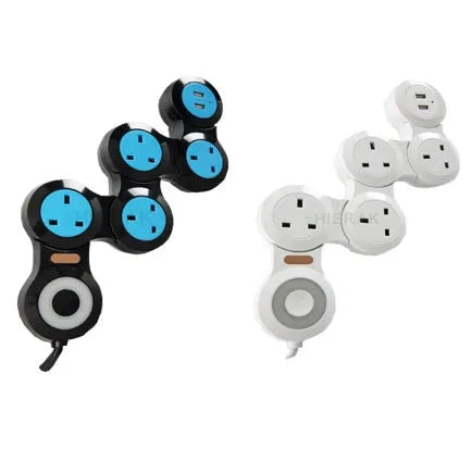 White UK power strip with five sockets, two USB ports, rotating design and 4m cable