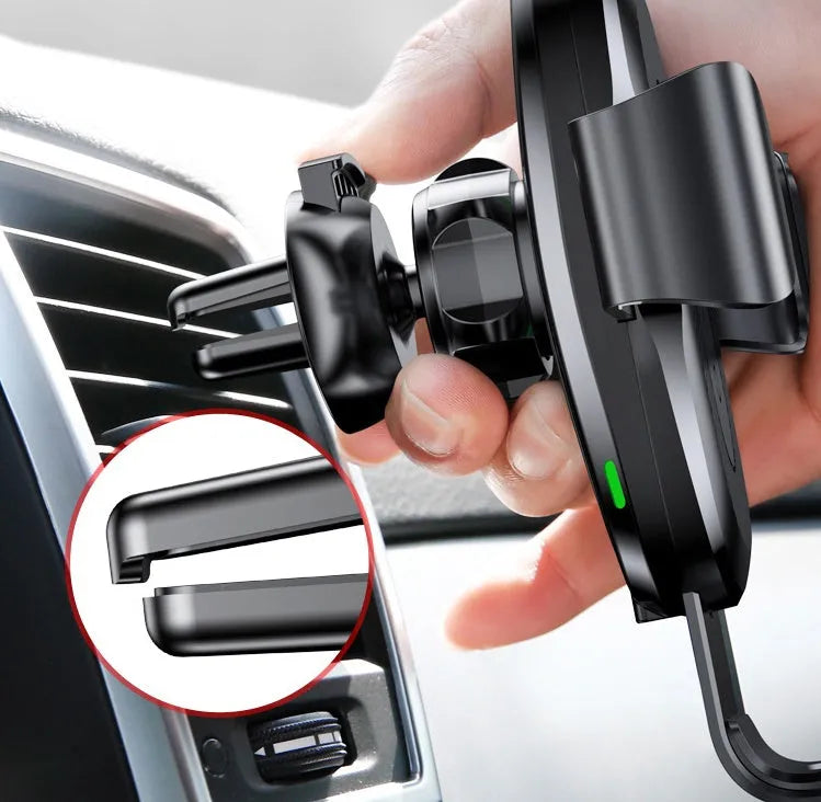Gravity bracket wireless charging car mount in black for Apple and Samsung phones