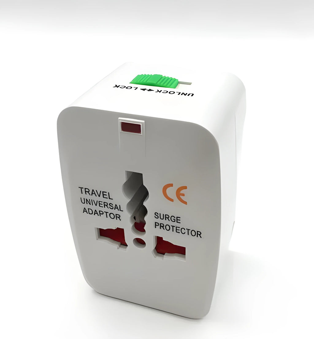 Compact universal travel plug converter with multi-country socket compatibility for mobile phone charging.