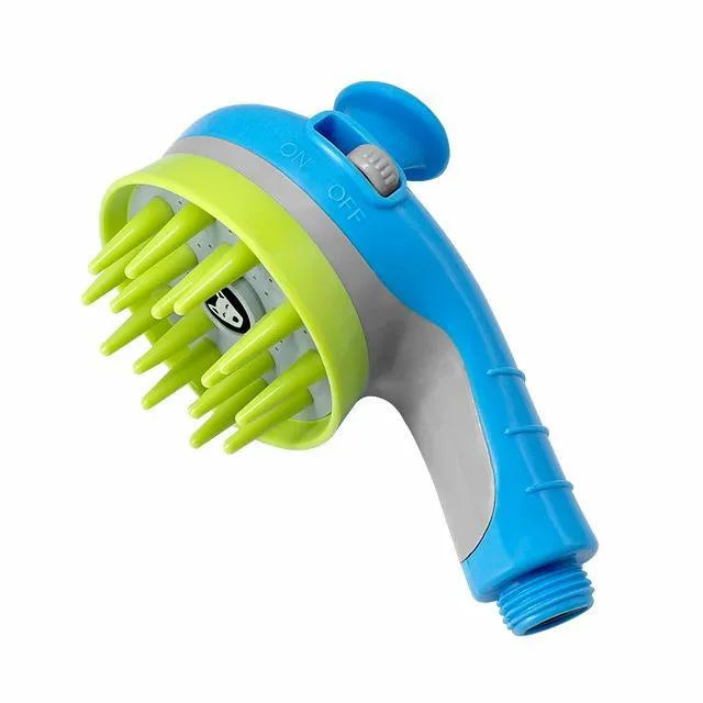 Dog shower brush sprayer in blue with three-in-one massage shampoo functions and 6.3m coverage