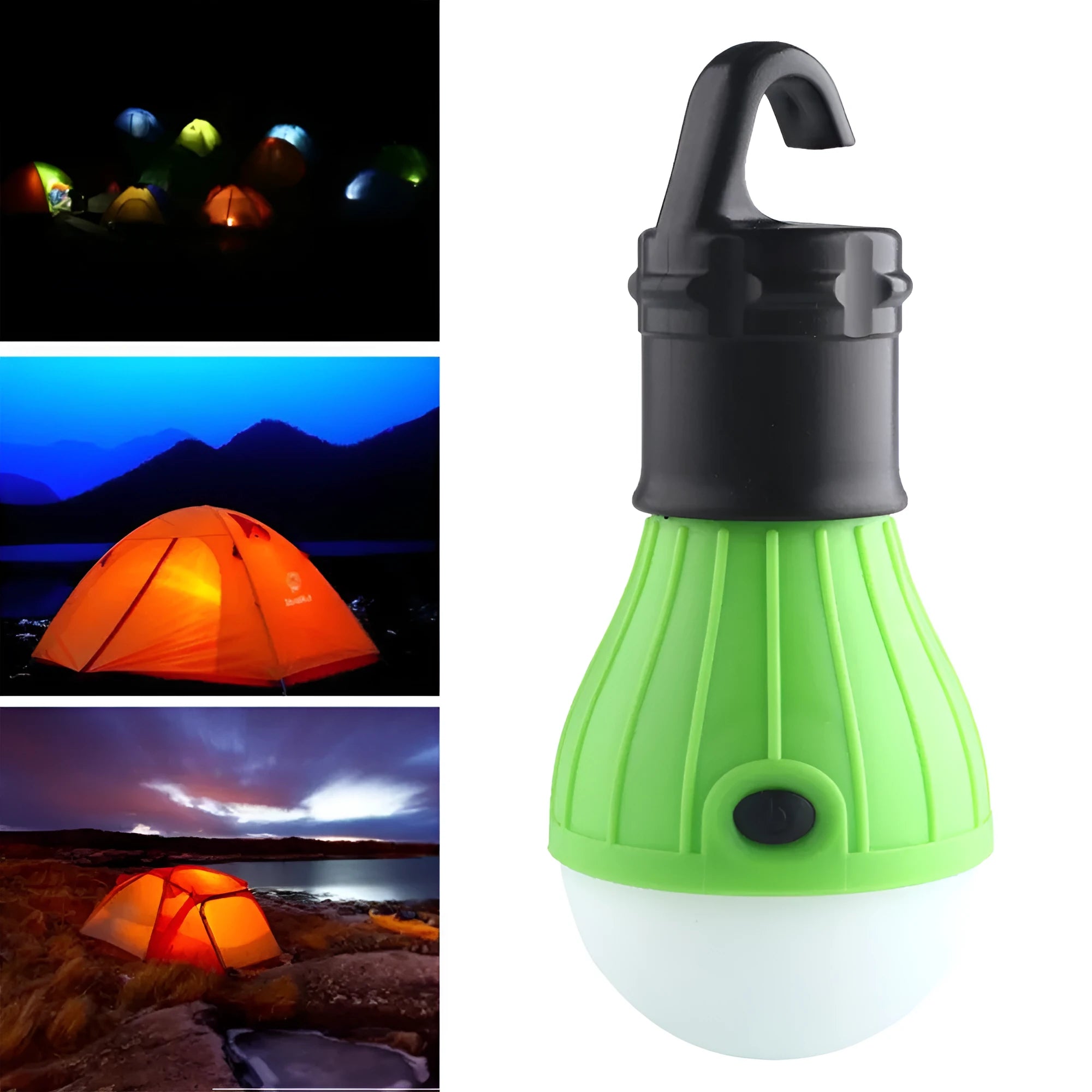 Blue portable camping light with hanging hook, showing three LED bulbs and compact size.