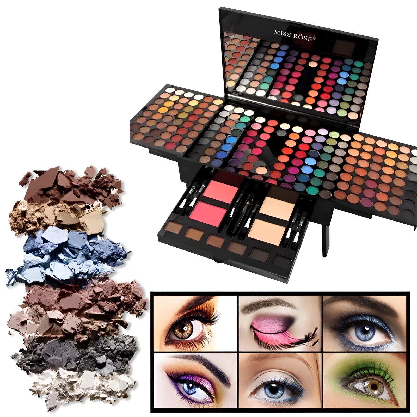Piano-shaped makeup palette open to show 190 powder pans including eyeshadows, blushes, and face powders