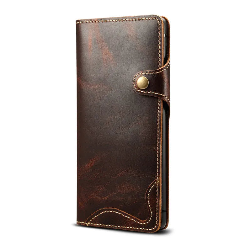 Handcrafted leather wallet case for Samsung Note 9 phone with built-in stand