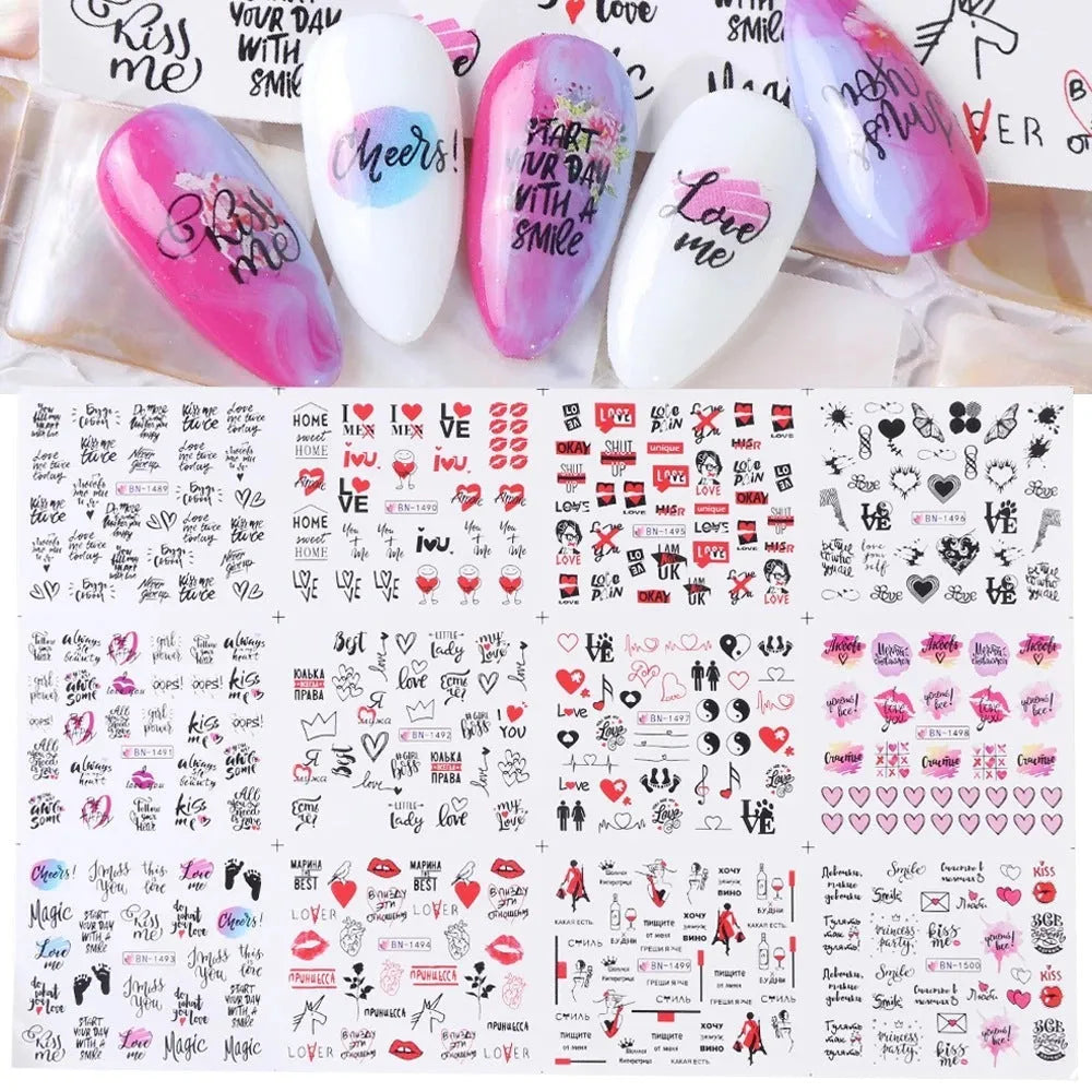 Love lip print letter nail sticker sheet measuring 16x25.5cm with black and red kiss designs