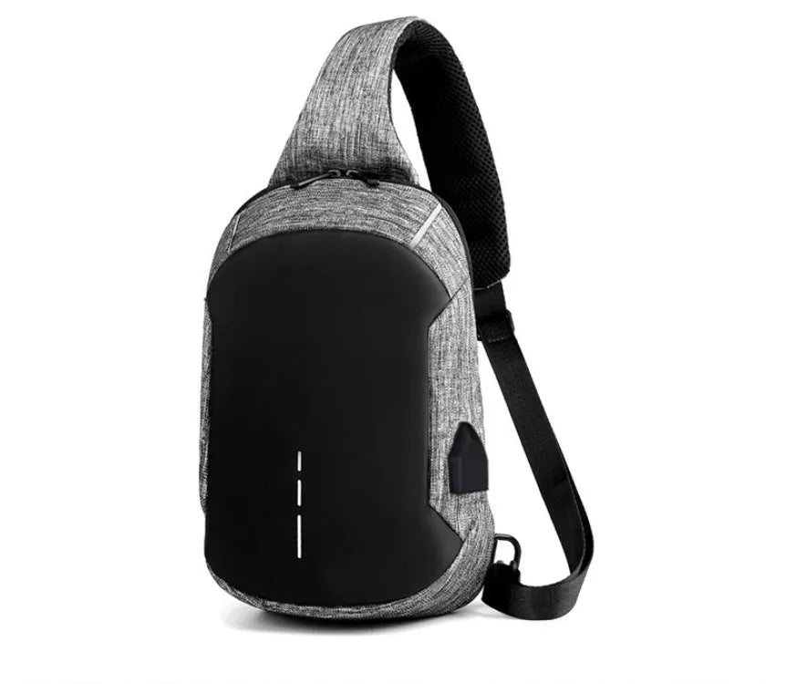 Dark blue Oxford cloth waterproof chest bag with zip and adjustable strap, shown on a person's chest.