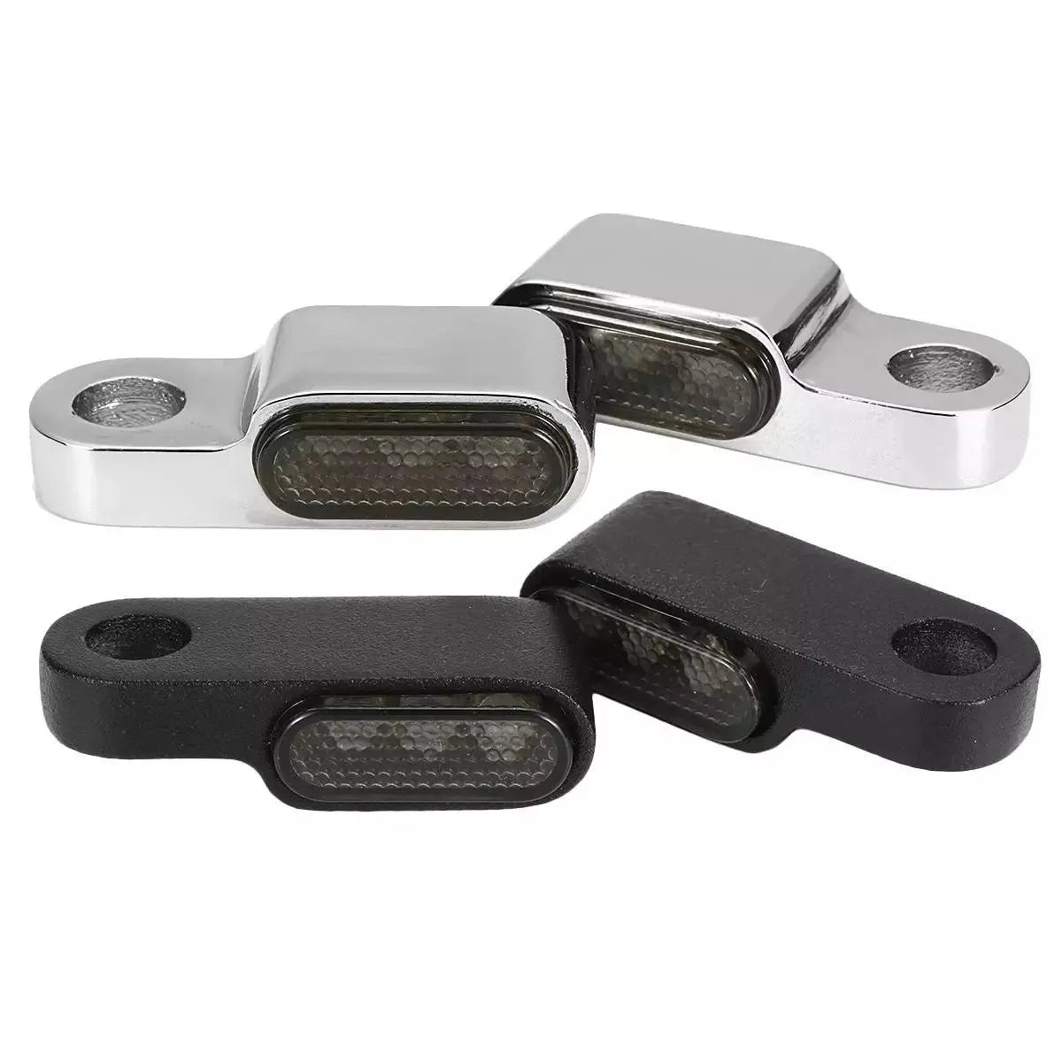 12V metal motorcycle handlebar turn signal with yellow light, shown in black or silver, single unit
