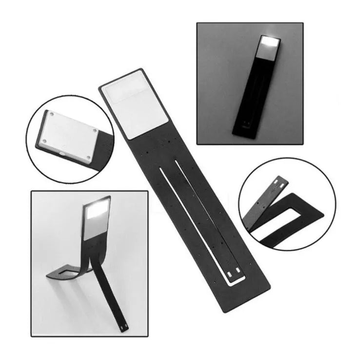 Black folding LED reading lamp showing extended 205mm length and adjustable brightness settings