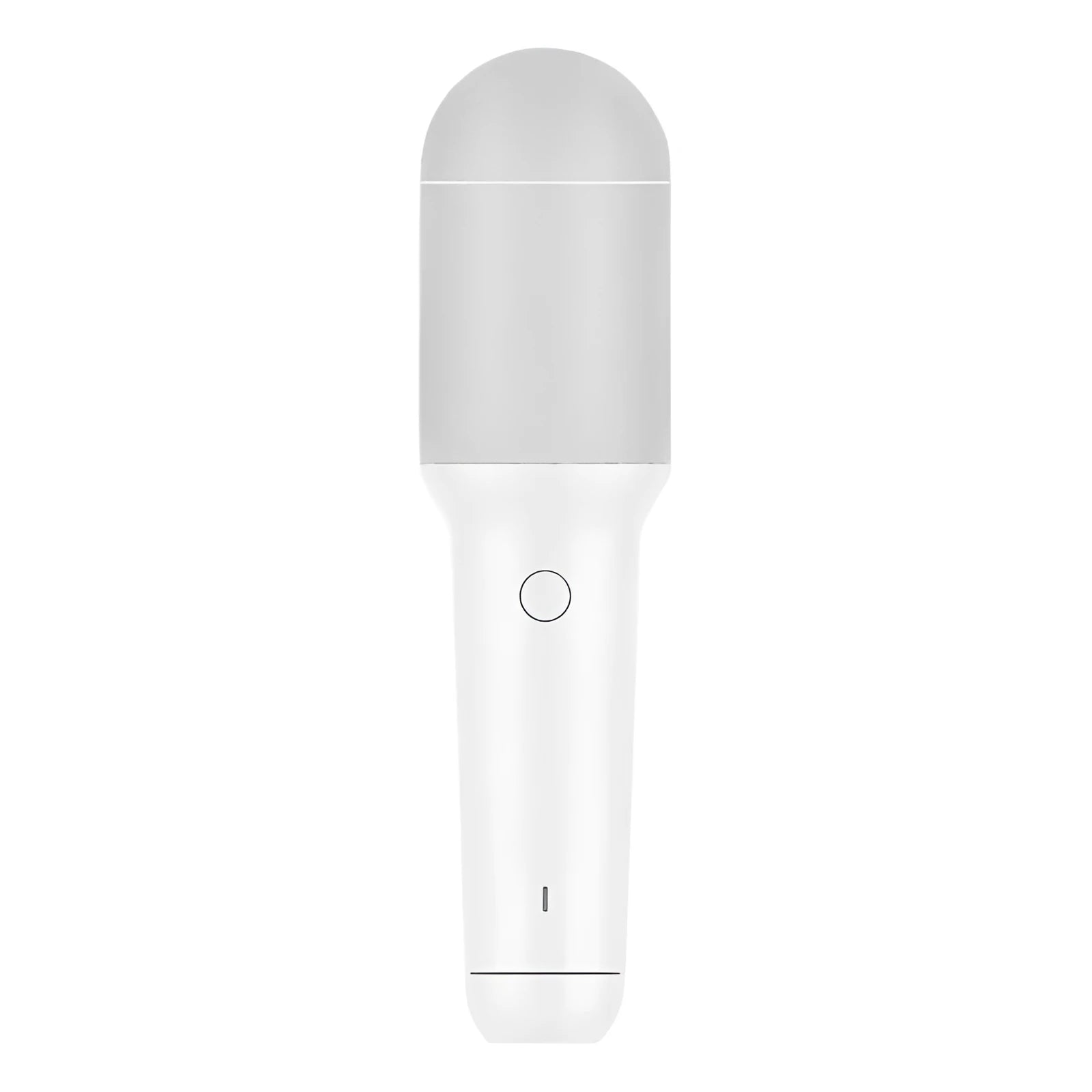 White wireless karaoke microphone with built-in speaker and metal mesh grille on a plain background